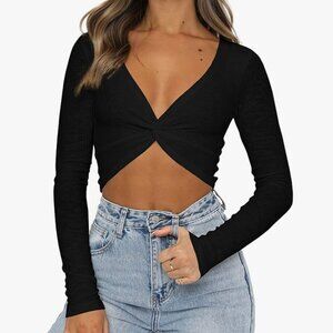 Butgood- Women's V Neck Long Sleeve Crop Top